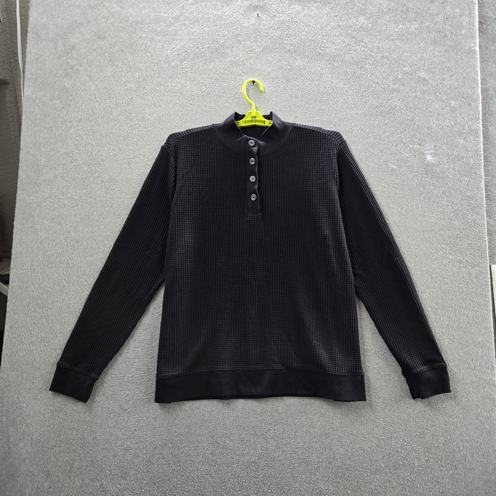 Lands' End Women Sweater XL (18) Black Henley Long Sleeve Waffle Knit Thermal